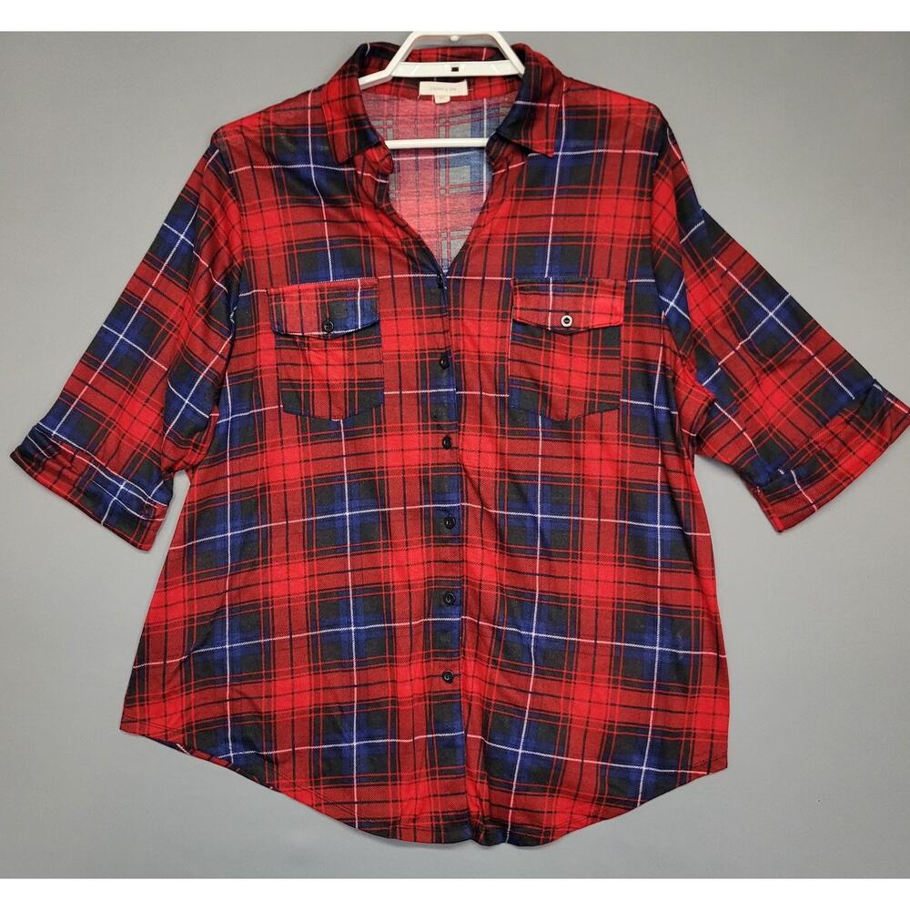 Paper + Tee Shirt Womens 2XL Red Blue Plaid Button Up Long Sleeve Flannel Casual